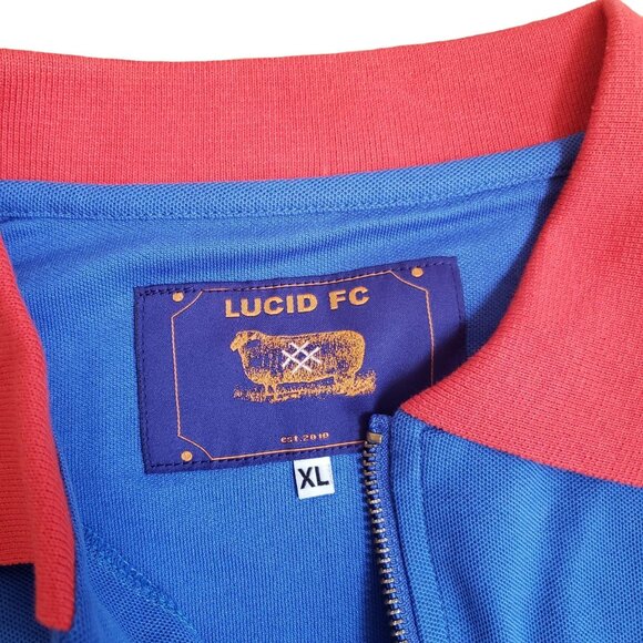 Lucid FC Blue Polo Shirt W/ Red Collar & Pocket Zipper Closure 100% Cotton Bold - Picture 4 of 8